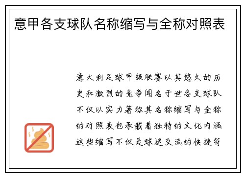 意甲各支球队名称缩写与全称对照表