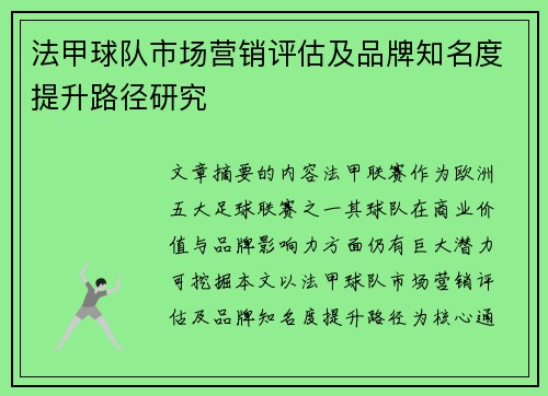 法甲球队市场营销评估及品牌知名度提升路径研究